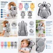 Illustrative collage showing PandaEar baby head protector backpack in five colors and close-up features